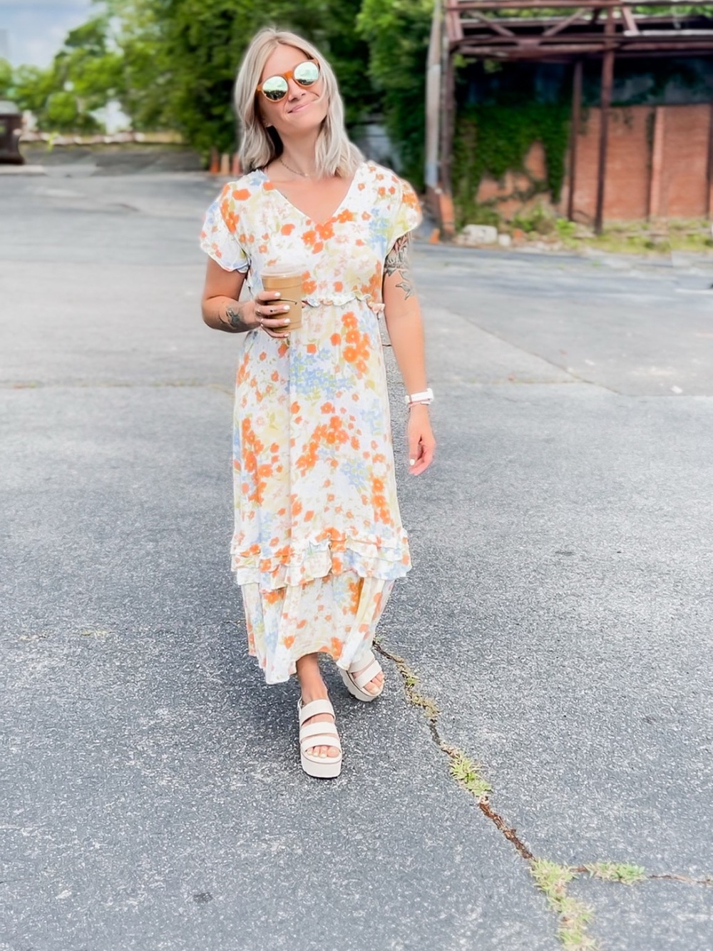 Floral Ruffle Maxi Dress - White with Orange & Blue